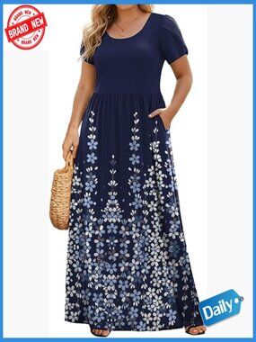 Plus Size Maxi Dress with Pockets Petal Short Sleeve Loose Fit